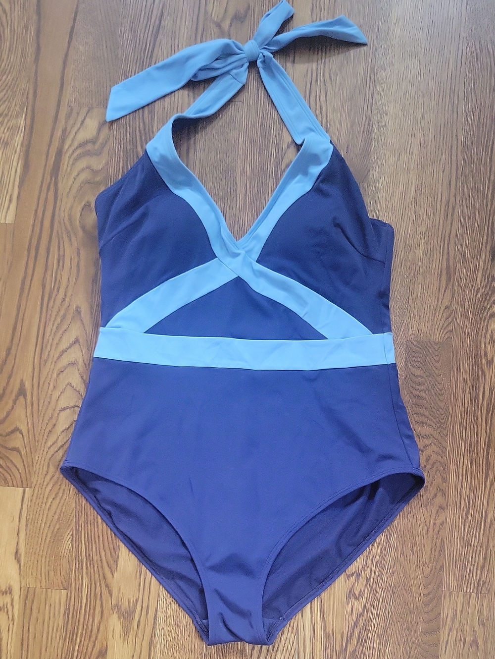 Boden Halter One-Piece Swimsuit in Navy and Light Blue, Size 12